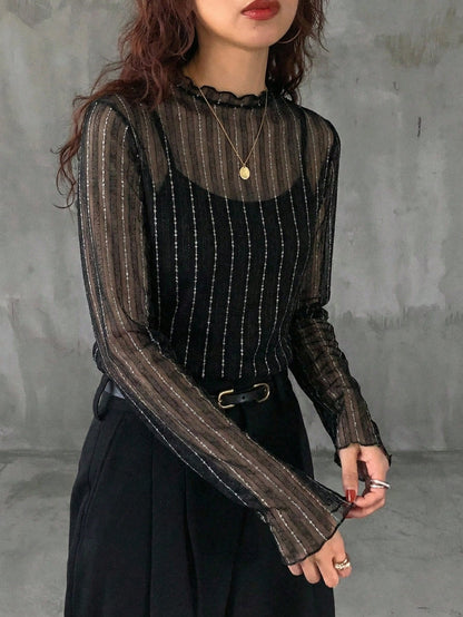 DAZY Women's Sheer Round Neck Casual Blouse, New Autumn Style Going Out Tops Long Sleeve Women Tops,Fall Women Clothes