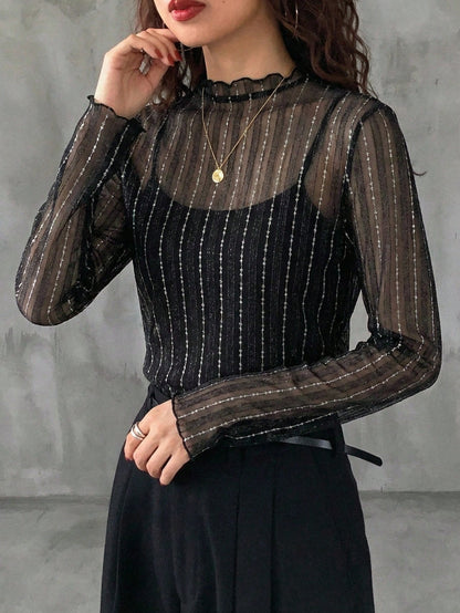 DAZY Women's Sheer Round Neck Casual Blouse, New Autumn Style Going Out Tops Long Sleeve Women Tops,Fall Women Clothes