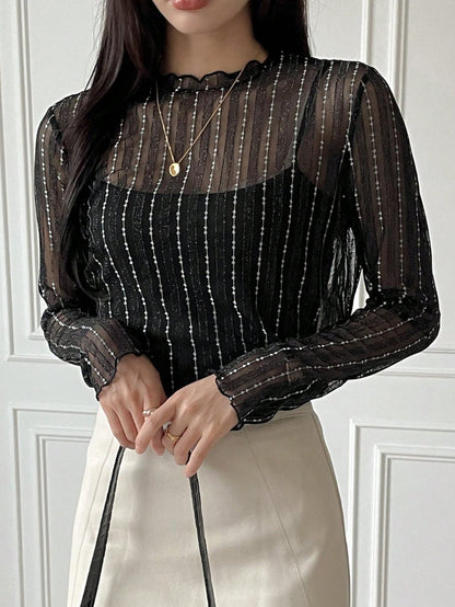 DAZY Women's Sheer Round Neck Casual Blouse, New Autumn Style Going Out Tops Long Sleeve Women Tops,Fall Women Clothes