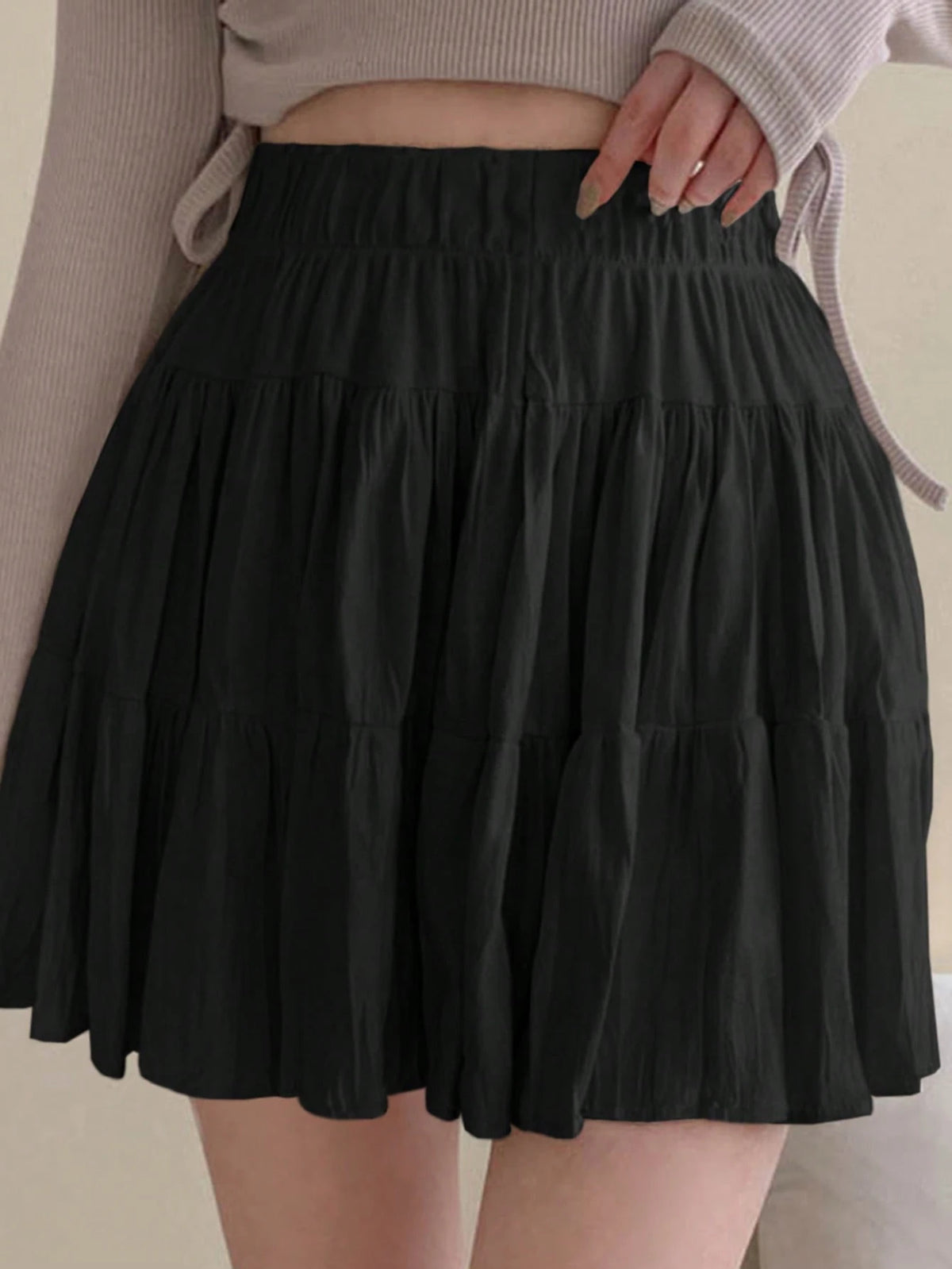 DAZY Women's Solid Color Elastic Waist Casual Versatile Ruffle Hem A-Line Skirt Fall Skirts