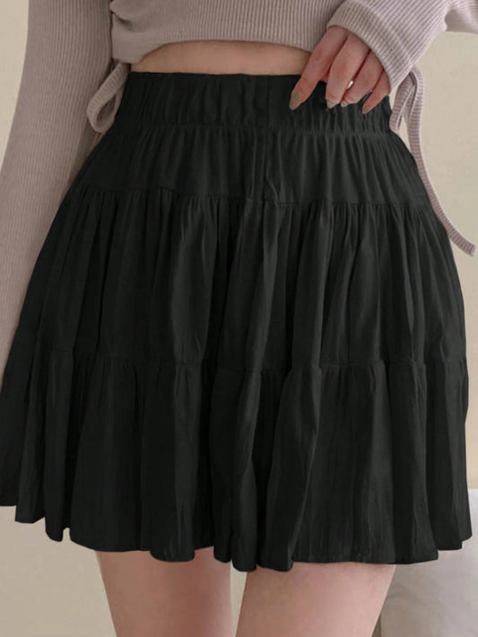 DAZY Women's Solid Color Elastic Waist Casual Versatile Ruffle Hem A-Line Skirt Fall Skirts