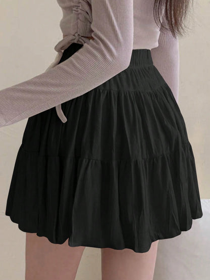 DAZY Women's Solid Color Elastic Waist Casual Versatile Ruffle Hem A-Line Skirt Fall Skirts