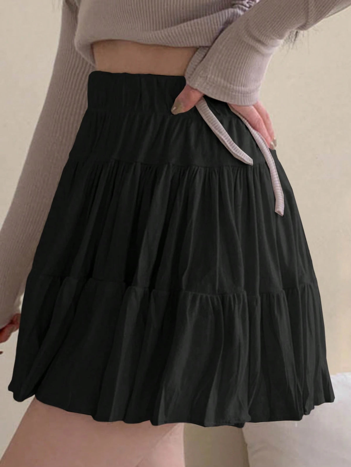 DAZY Women's Solid Color Elastic Waist Casual Versatile Ruffle Hem A-Line Skirt Fall Skirts