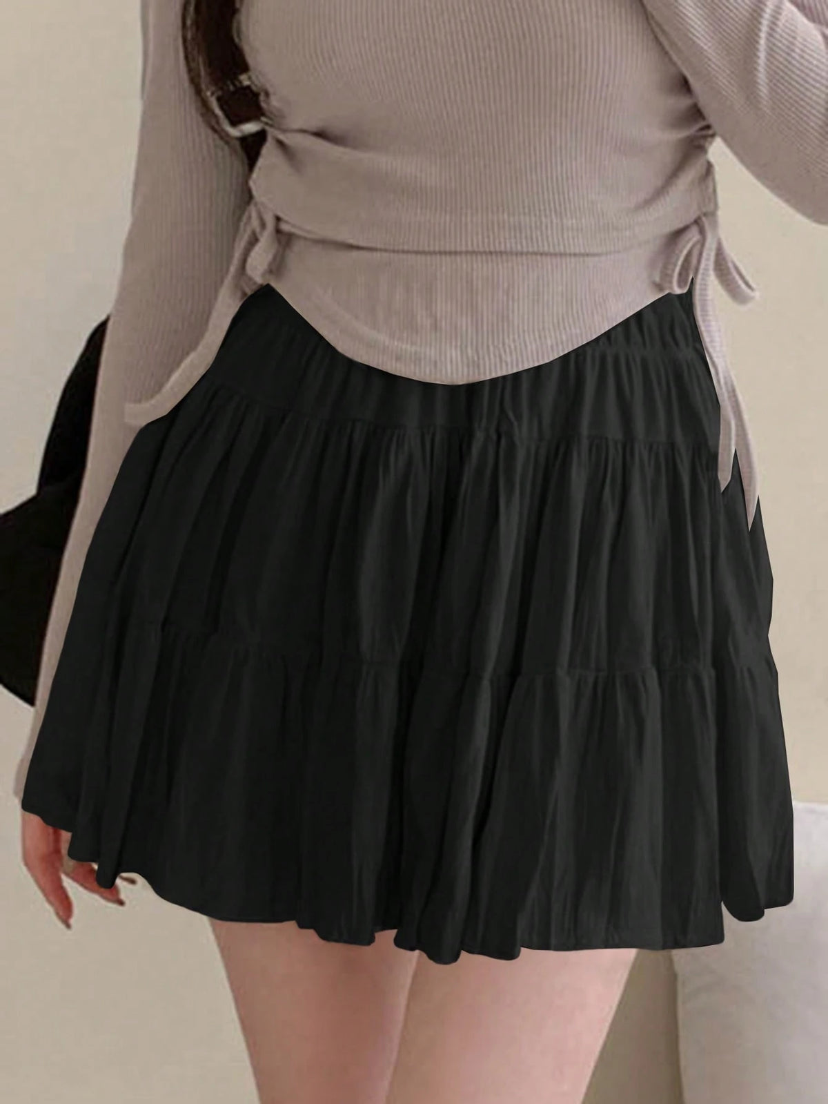 DAZY Women's Solid Color Elastic Waist Casual Versatile Ruffle Hem A-Line Skirt Fall Skirts