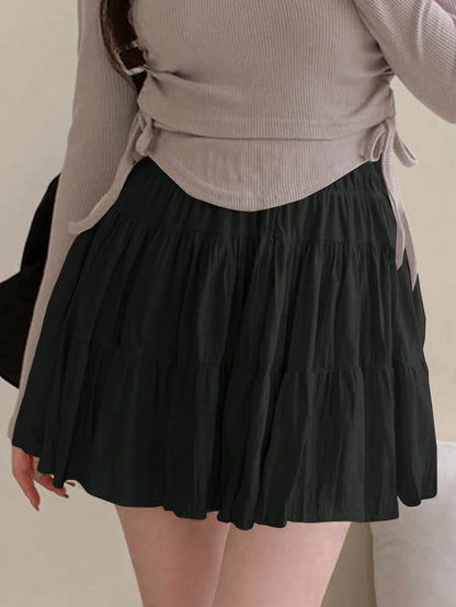 DAZY Women's Solid Color Elastic Waist Casual Versatile Ruffle Hem A-Line Skirt Fall Skirts