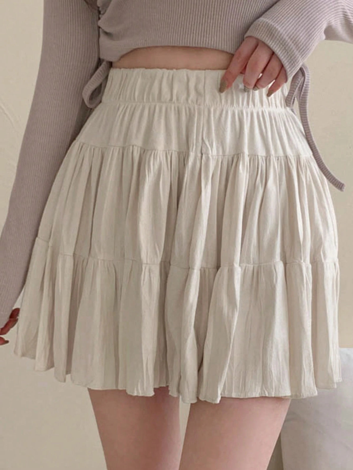 DAZY Women's Solid Color Elastic Waist Casual Versatile Ruffle Hem A-Line Skirt Fall Skirts