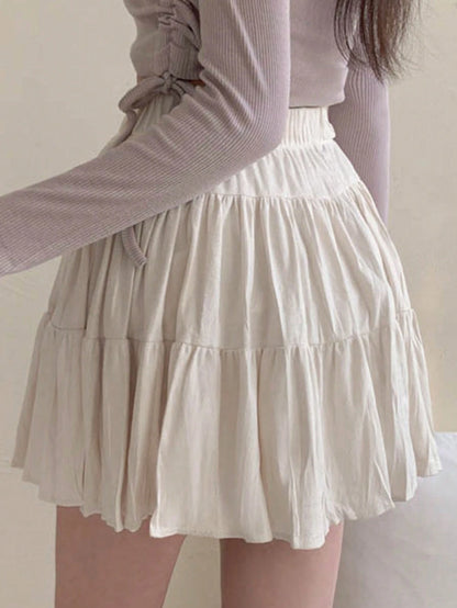 DAZY Women's Solid Color Elastic Waist Casual Versatile Ruffle Hem A-Line Skirt Fall Skirts