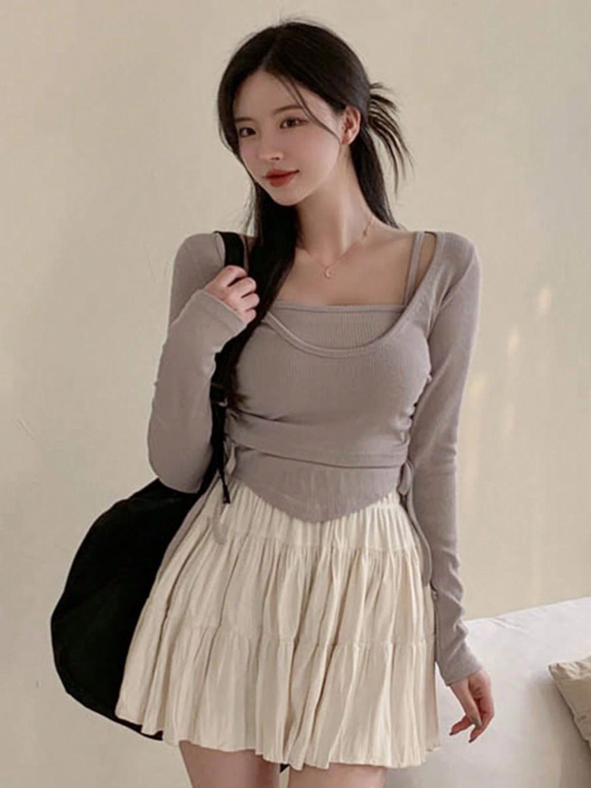 DAZY Women's Solid Color Elastic Waist Casual Versatile Ruffle Hem A-Line Skirt Fall Skirts