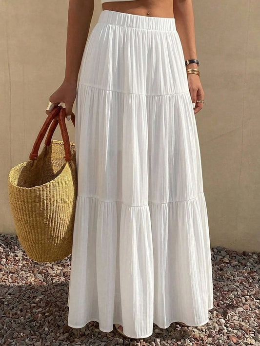DAZY Women's Solid Color Elastic Waist Multi-Layered Ruffled Hem Elegant White Skirt For Vacation Summer