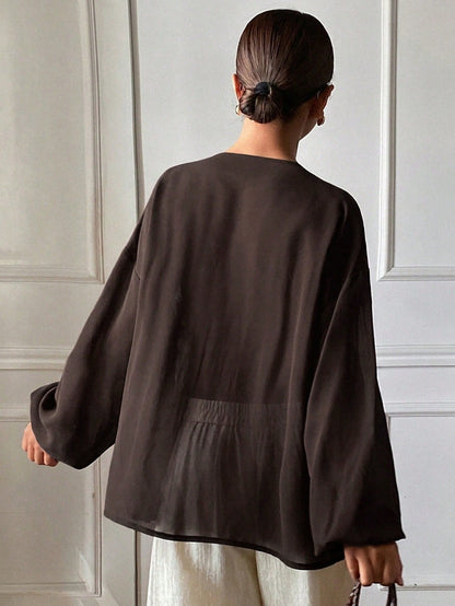DAZY Women's Solid Color Loose Pleated Drawstring Crew Neck Long Sleeve Elegant Resort Blouse, Spring/Autumn Vacation