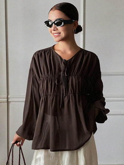 DAZY Women's Solid Color Loose Pleated Drawstring Crew Neck Long Sleeve Elegant Resort Blouse, Spring/Autumn Vacation
