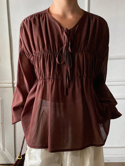 DAZY Women's Solid Color Loose Pleated Drawstring Crew Neck Long Sleeve Elegant Resort Blouse, Spring/Autumn Vacation