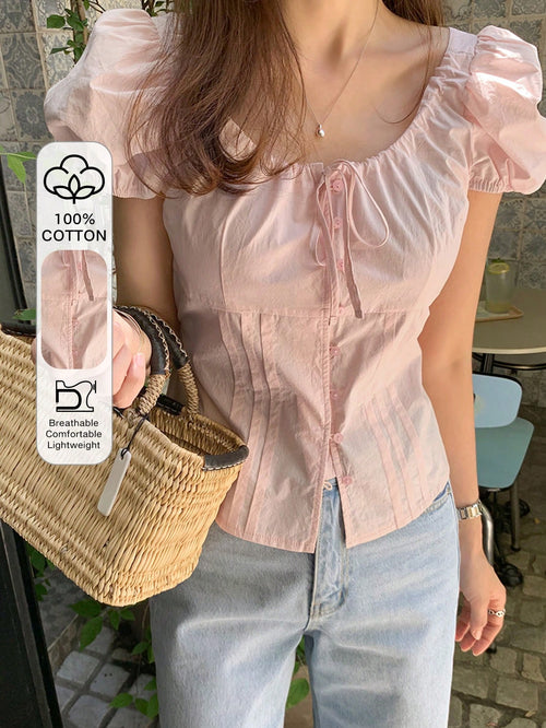 DAZY Women's Solid Fitted Belted Puff Sleeve Fitted Short Sleeve Blouse, Pink, Spring/Summer Cute Tops