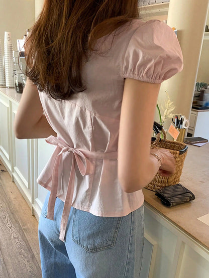 DAZY Women's Solid Fitted Belted Puff Sleeve Fitted Short Sleeve Blouse, Pink, Spring/Summer Cute Tops