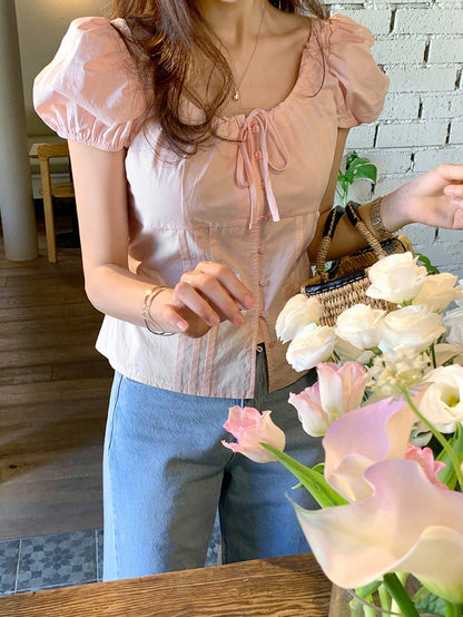 DAZY Women's Solid Fitted Belted Puff Sleeve Fitted Short Sleeve Blouse, Pink, Spring/Summer Cute Tops
