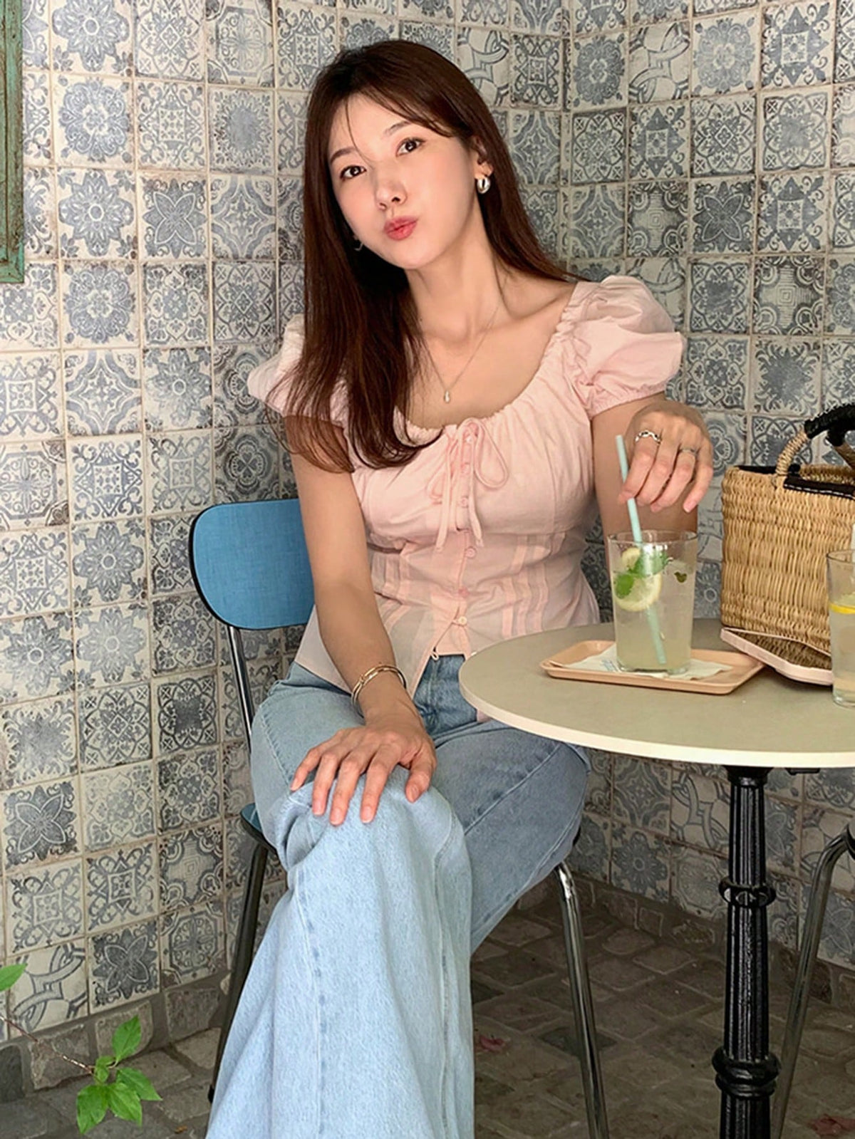 DAZY Women's Solid Fitted Belted Puff Sleeve Fitted Short Sleeve Blouse, Pink, Spring/Summer Cute Tops