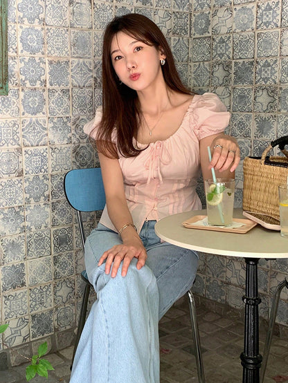 DAZY Women's Solid Fitted Belted Puff Sleeve Fitted Short Sleeve Blouse, Pink, Spring/Summer Cute Tops