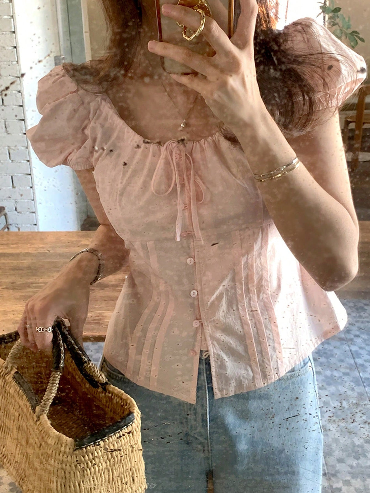 DAZY Women's Solid Fitted Belted Puff Sleeve Fitted Short Sleeve Blouse, Pink, Spring/Summer Cute Tops