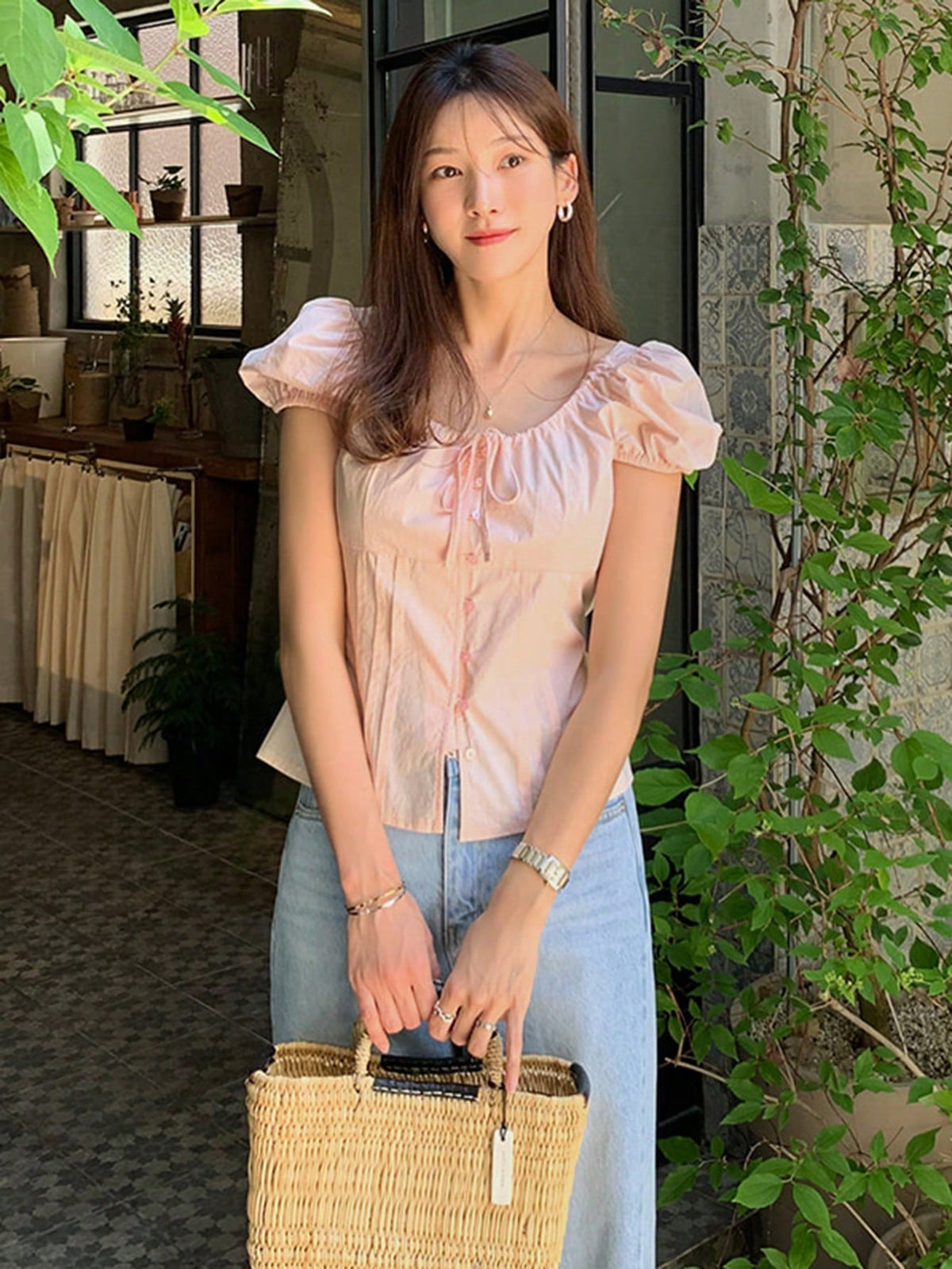 DAZY Women's Solid Fitted Belted Puff Sleeve Fitted Short Sleeve Blouse, Pink, Spring/Summer Cute Tops