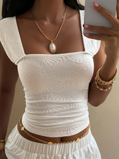 DAZY Women's Summer Casual Versatile Solid Color Textured Tank Top Vacation Cute Top