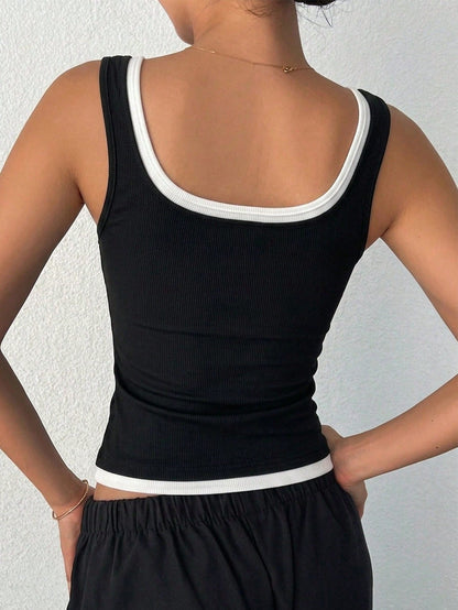 DAZY Women's Summer Square Neck Contrast Color Splice Sleeveless Casual Tank Top