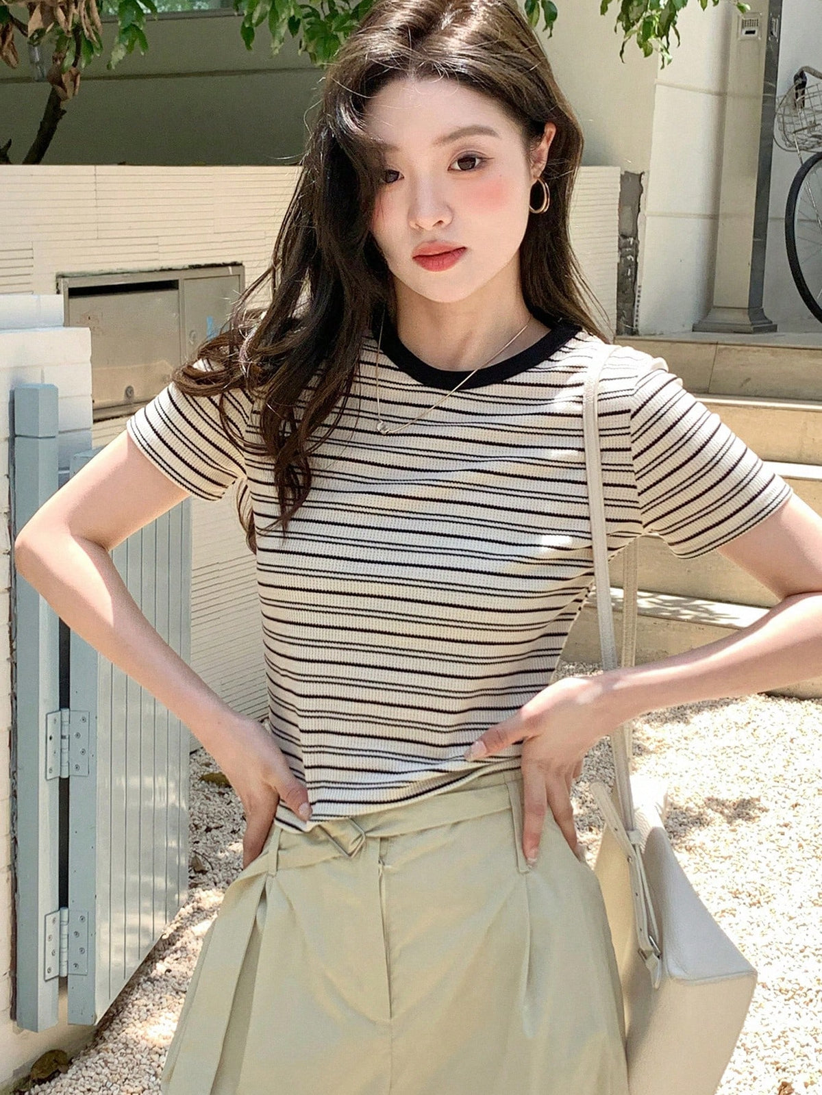 DAZY Women's Summer Striped Printed Casual Short Sleeve T-Shirt
