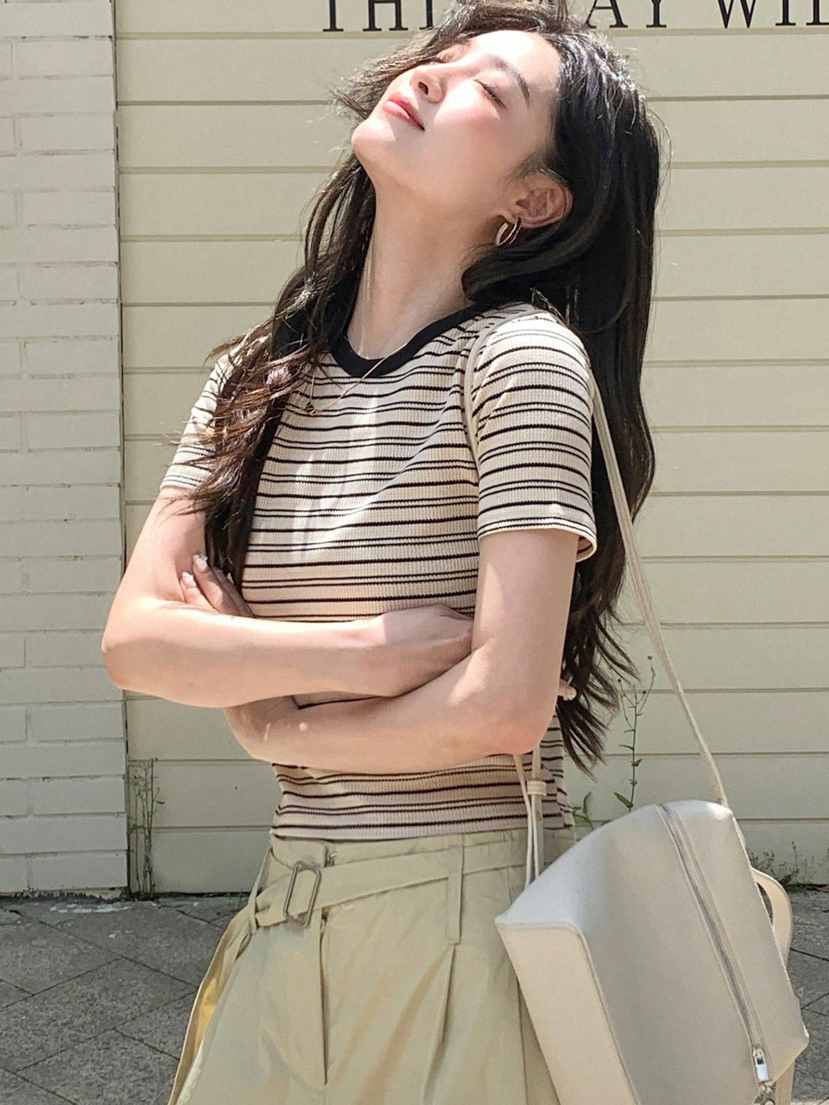 DAZY Women's Summer Striped Printed Casual Short Sleeve T-Shirt