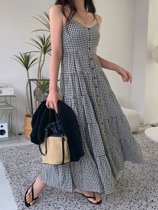 DAZY Women's Suspender Waist Plaid A-Line Midi Dress,Casual Women Dresses