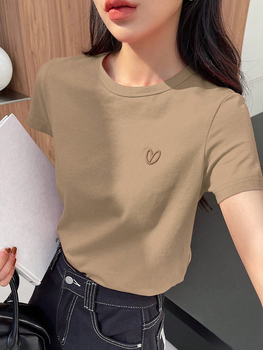 DAZY Women Summer Heart Embroidery Round Neck Short Sleeve Casual T-Shirt Old Money Style Business Casual Woman Work Clothes