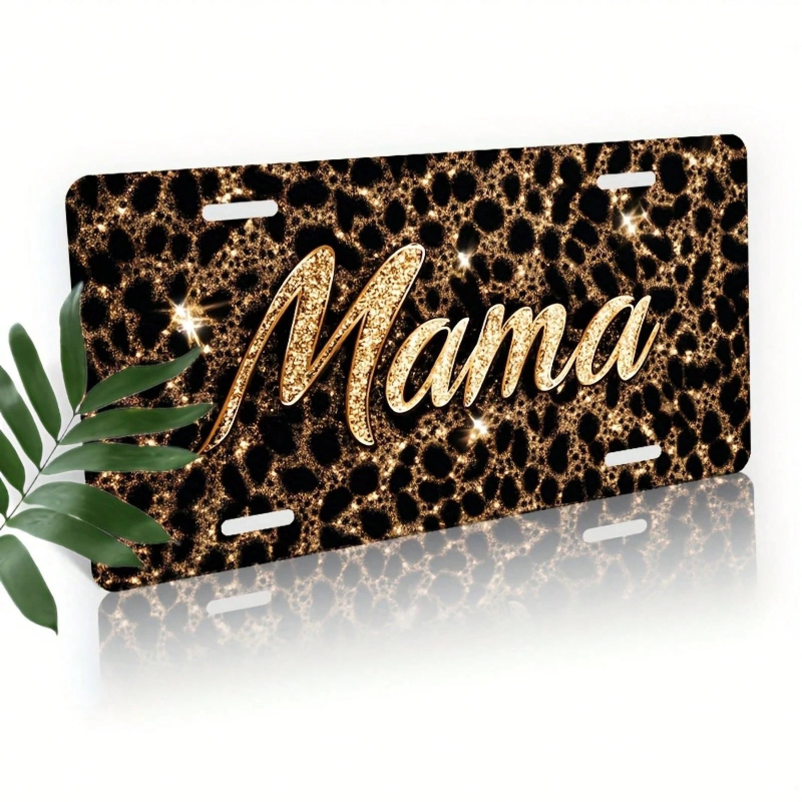 Decorative License Plate Cover And Frame For Car Use, Shiny Mama On Leopard Print Background, Used To Decorate The Front License Plate, Decorative Aluminum License Plate Cover And Frame, Suitable For