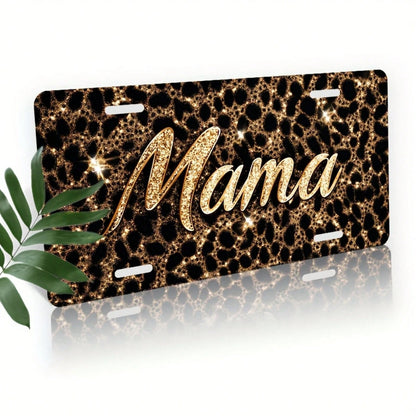 Decorative License Plate Cover And Frame For Car Use, Shiny Mama On Leopard Print Background, Used To Decorate The Front License Plate, Decorative Aluminum License Plate Cover And Frame, Suitable For