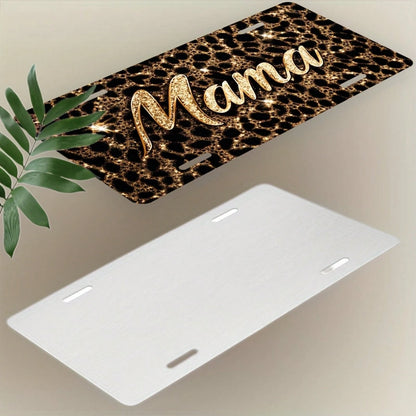 Decorative License Plate Cover And Frame For Car Use, Shiny Mama On Leopard Print Background, Used To Decorate The Front License Plate, Decorative Aluminum License Plate Cover And Frame, Suitable For