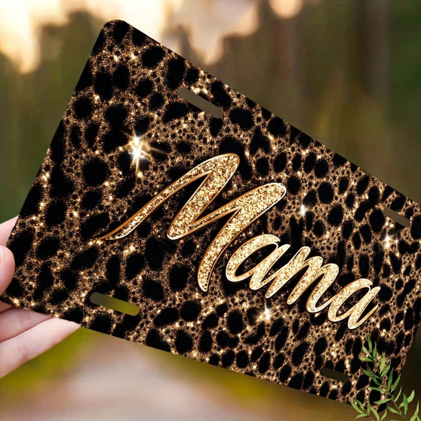 Decorative License Plate Cover And Frame For Car Use, Shiny Mama On Leopard Print Background, Used To Decorate The Front License Plate, Decorative Aluminum License Plate Cover And Frame, Suitable For