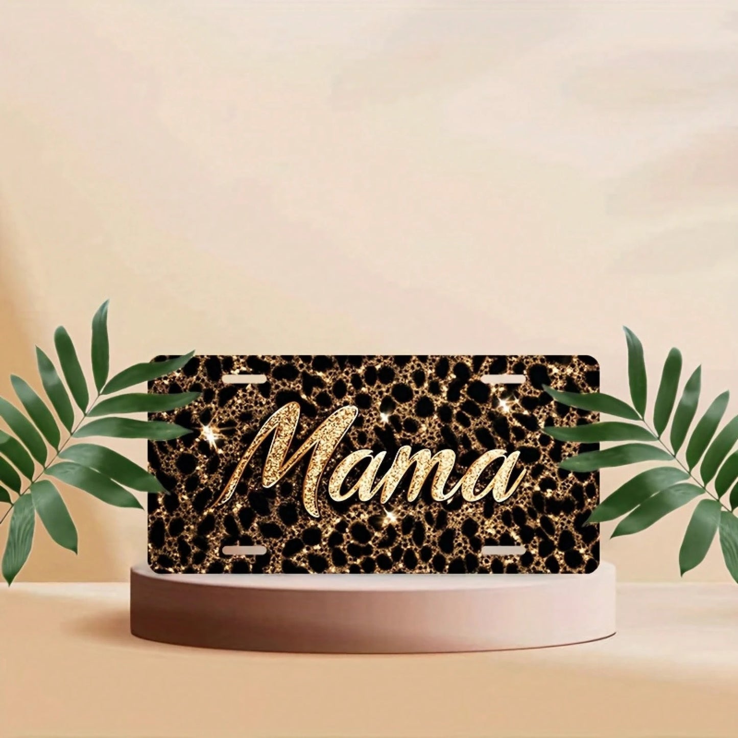Decorative License Plate Cover And Frame For Car Use, Shiny Mama On Leopard Print Background, Used To Decorate The Front License Plate, Decorative Aluminum License Plate Cover And Frame, Suitable For