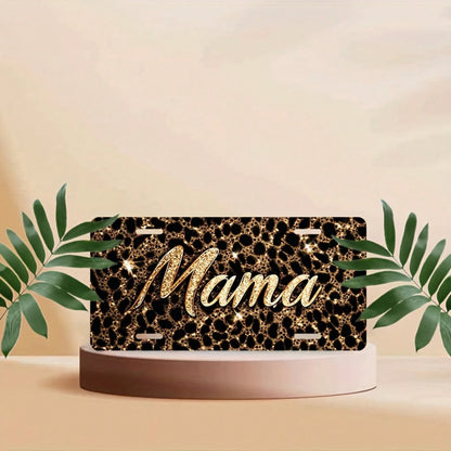 Decorative License Plate Cover And Frame For Car Use, Shiny Mama On Leopard Print Background, Used To Decorate The Front License Plate, Decorative Aluminum License Plate Cover And Frame, Suitable For