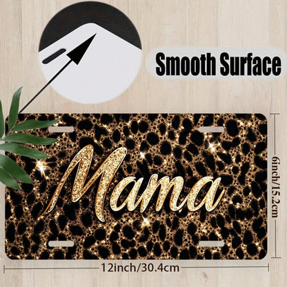 Decorative License Plate Cover And Frame For Car Use, Shiny Mama On Leopard Print Background, Used To Decorate The Front License Plate, Decorative Aluminum License Plate Cover And Frame, Suitable For