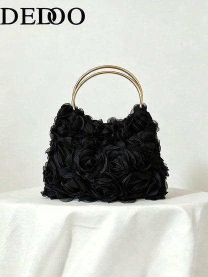 Dedoo Elegant Rose Flower Design Clutch Bag, Women's Formal Evening Bag, Sweet Girl's Shoulder Bag, Solid Color Bucket Bag, Bridal Bag (Pattern Random)