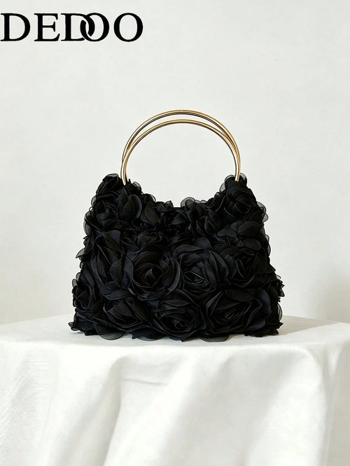 Dedoo Elegant Rose Flower Design Clutch Bag, Women's Formal Evening Bag, Sweet Girl's Shoulder Bag, Solid Color Bucket Bag, Bridal Bag (Pattern Random)