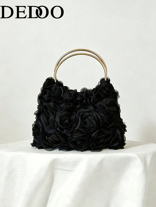 Dedoo Elegant Rose Flower Design Clutch Bag, Women's Formal Evening Bag, Sweet Girl's Shoulder Bag, Solid Color Bucket Bag, Bridal Bag (Pattern Random)