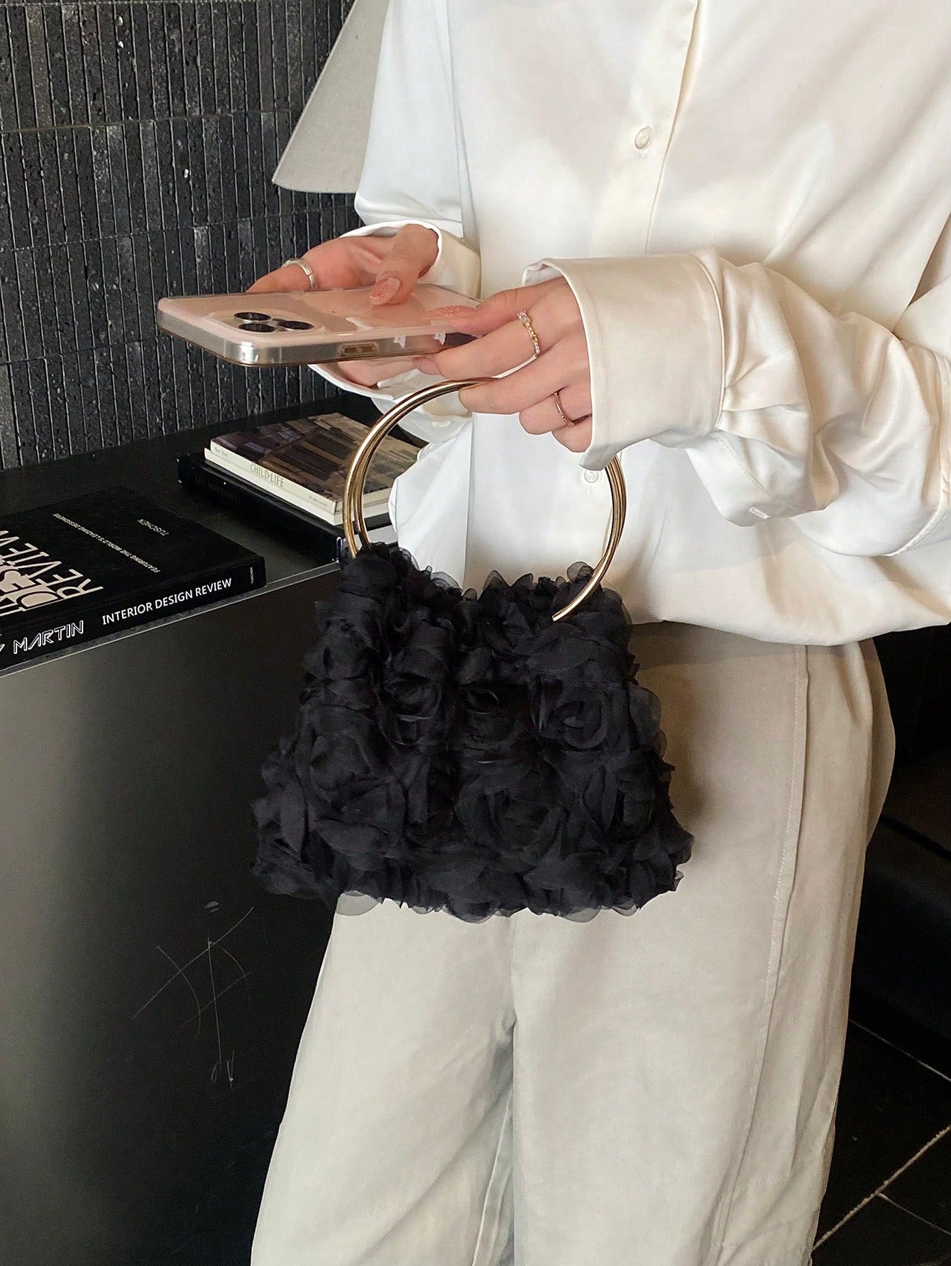 Dedoo Elegant Rose Flower Design Clutch Bag, Women's Formal Evening Bag, Sweet Girl's Shoulder Bag, Solid Color Bucket Bag, Bridal Bag (Pattern Random)