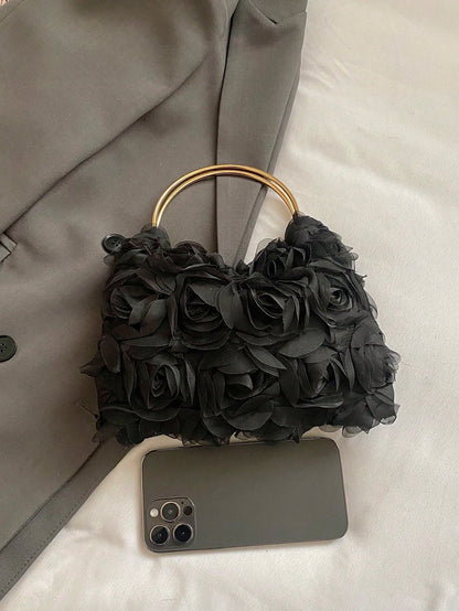 Dedoo Elegant Rose Flower Design Clutch Bag, Women's Formal Evening Bag, Sweet Girl's Shoulder Bag, Solid Color Bucket Bag, Bridal Bag (Pattern Random)