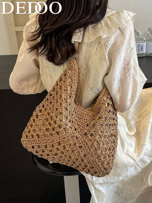 Dedoo Handmade Woven Grandma Plaid Contrast Color Large Capacity Tote Bag, Beach Bag, Perfect For Summer, Vacation And Daily Use,Straw Bag