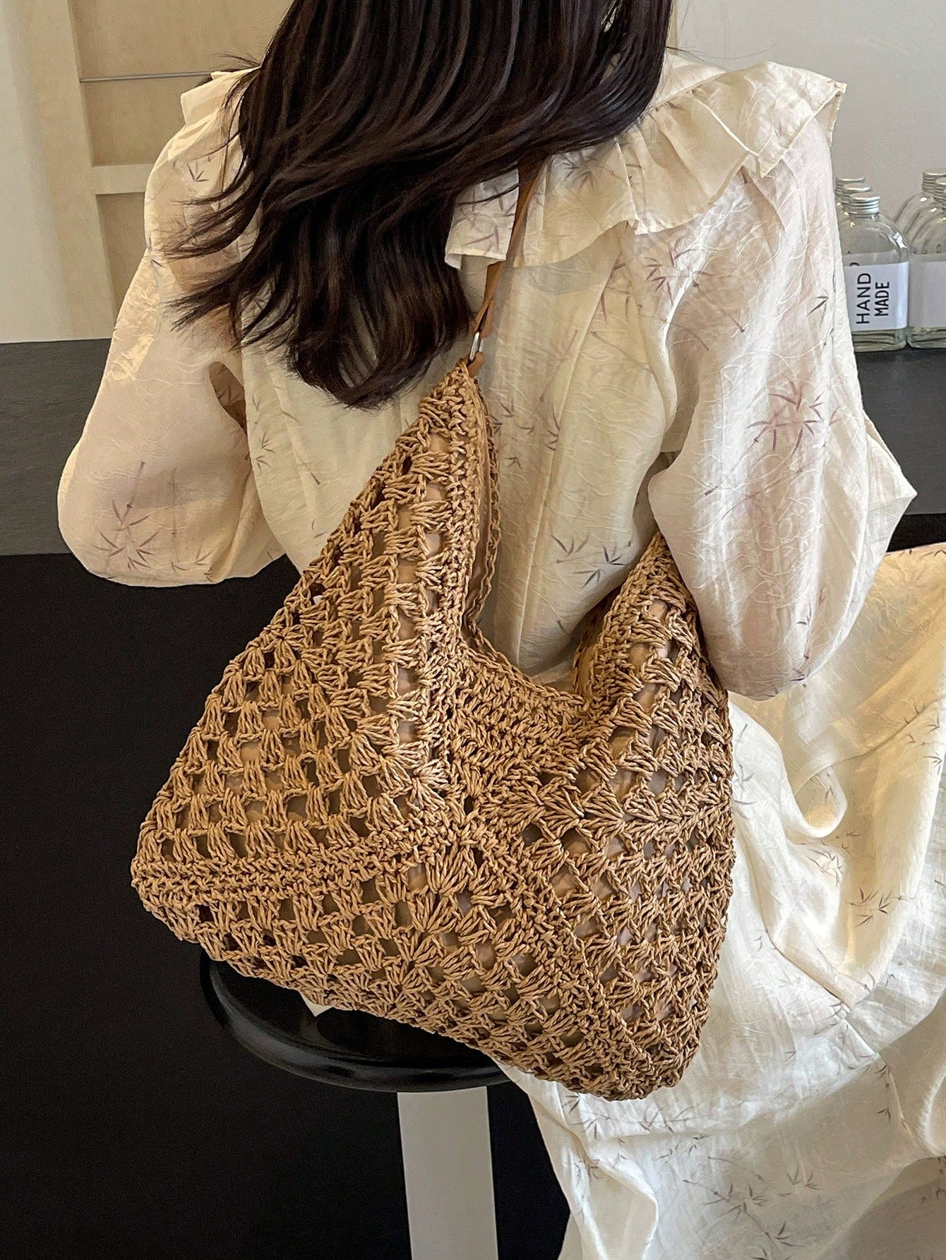 Dedoo Handmade Woven Grandma Plaid Contrast Color Large Capacity Tote Bag, Beach Bag, Perfect For Summer, Vacation And Daily Use,Straw Bag