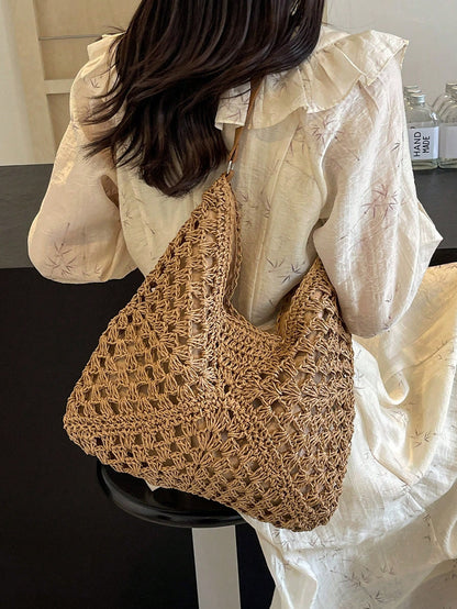 Dedoo Handmade Woven Grandma Plaid Contrast Color Large Capacity Tote Bag, Beach Bag, Perfect For Summer, Vacation And Daily Use,Straw Bag