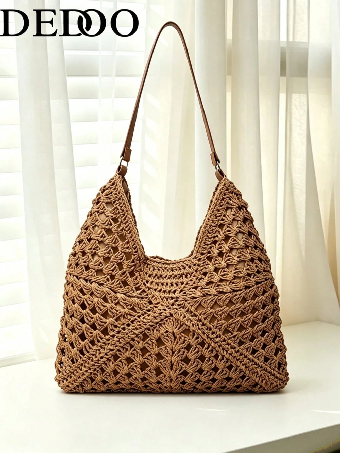 Dedoo Handmade Woven Grandma Plaid Contrast Color Large Capacity Tote Bag, Beach Bag, Perfect For Summer, Vacation And Daily Use,Straw Bag
