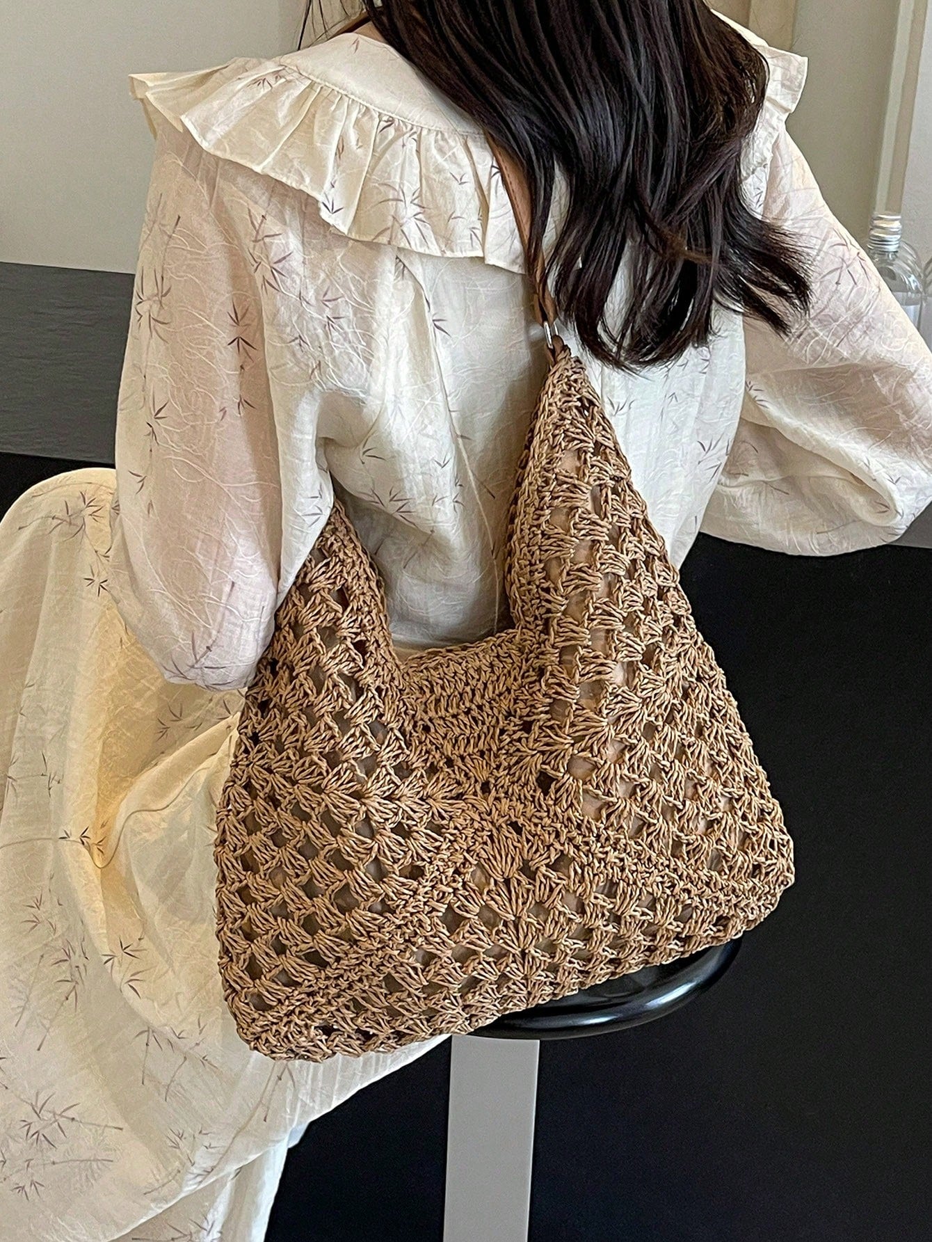 Dedoo Handmade Woven Grandma Plaid Contrast Color Large Capacity Tote Bag, Beach Bag, Perfect For Summer, Vacation And Daily Use,Straw Bag