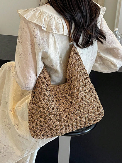 Dedoo Handmade Woven Grandma Plaid Contrast Color Large Capacity Tote Bag, Beach Bag, Perfect For Summer, Vacation And Daily Use,Straw Bag