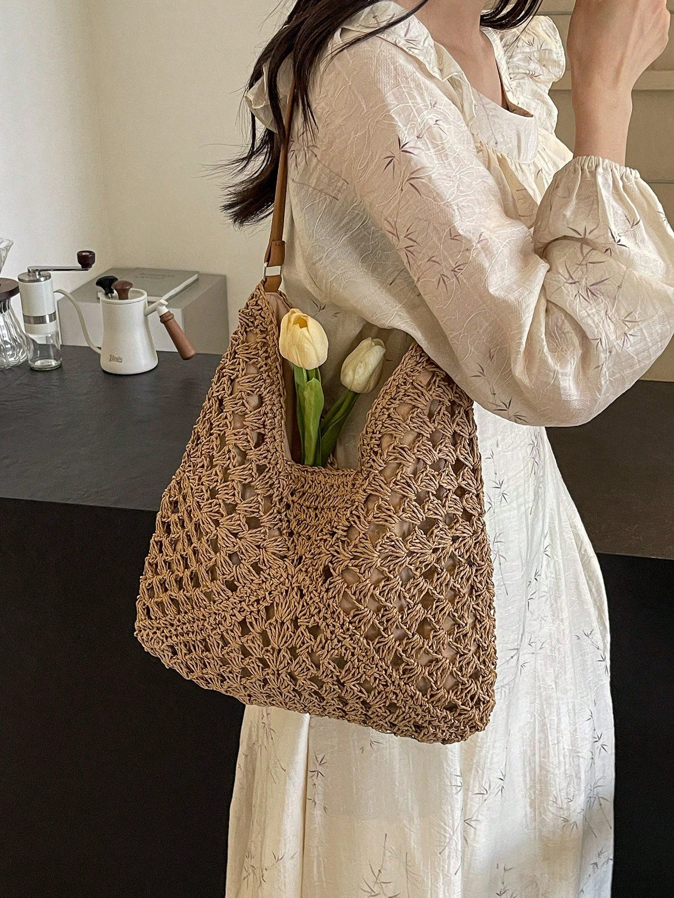 Dedoo Handmade Woven Grandma Plaid Contrast Color Large Capacity Tote Bag, Beach Bag, Perfect For Summer, Vacation And Daily Use,Straw Bag
