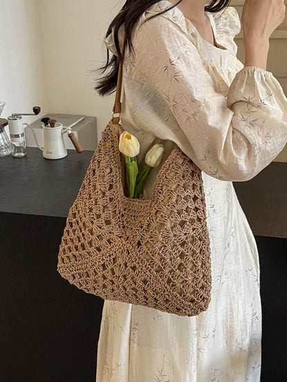Dedoo Handmade Woven Grandma Plaid Contrast Color Large Capacity Tote Bag, Beach Bag, Perfect For Summer, Vacation And Daily Use,Straw Bag