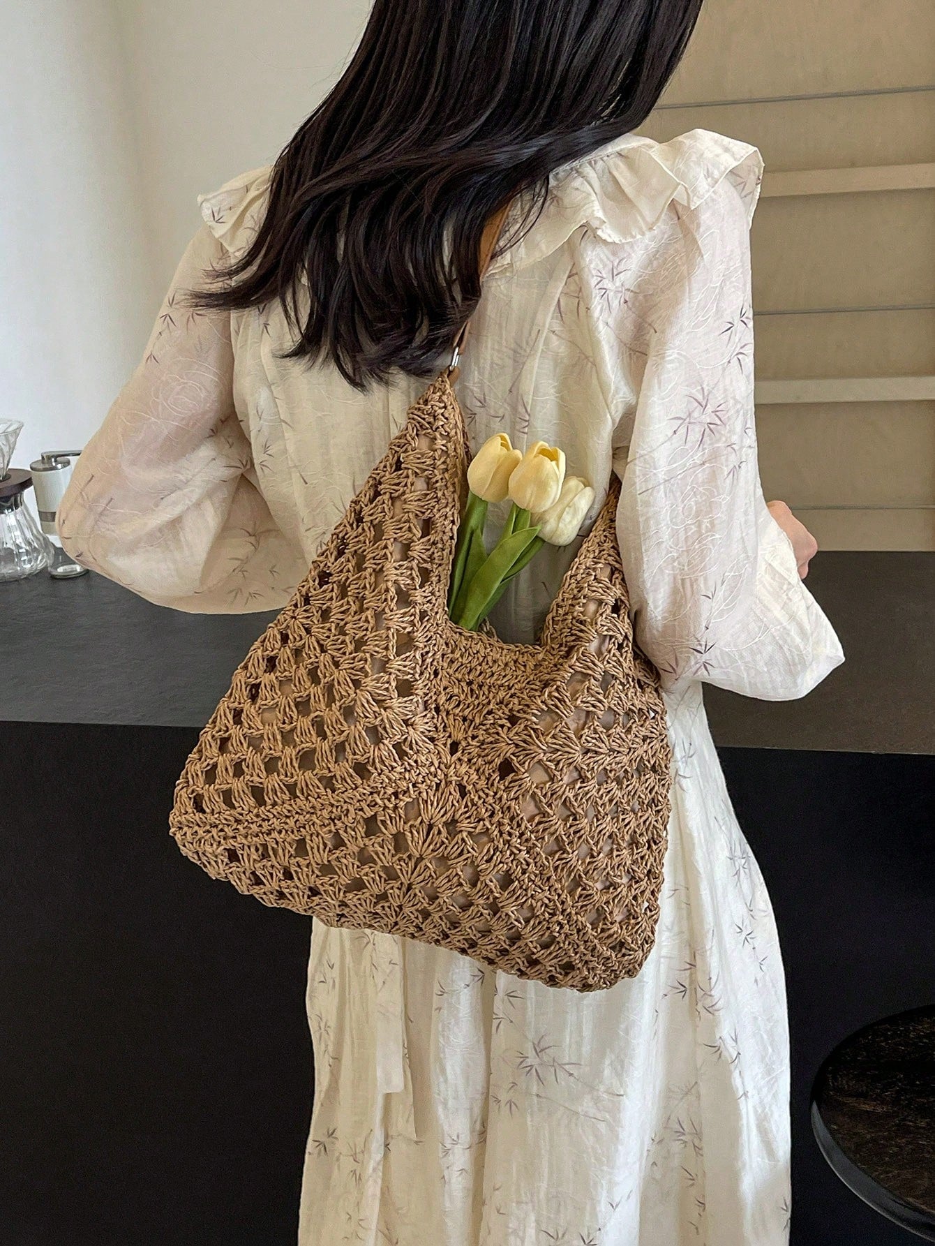 Dedoo Handmade Woven Grandma Plaid Contrast Color Large Capacity Tote Bag, Beach Bag, Perfect For Summer, Vacation And Daily Use,Straw Bag